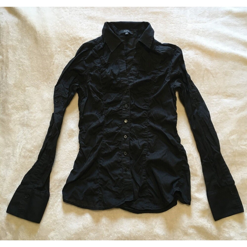 Express Womens Blouse XS Black Button UP Roll Tab Sleeves Ruched Cotton top